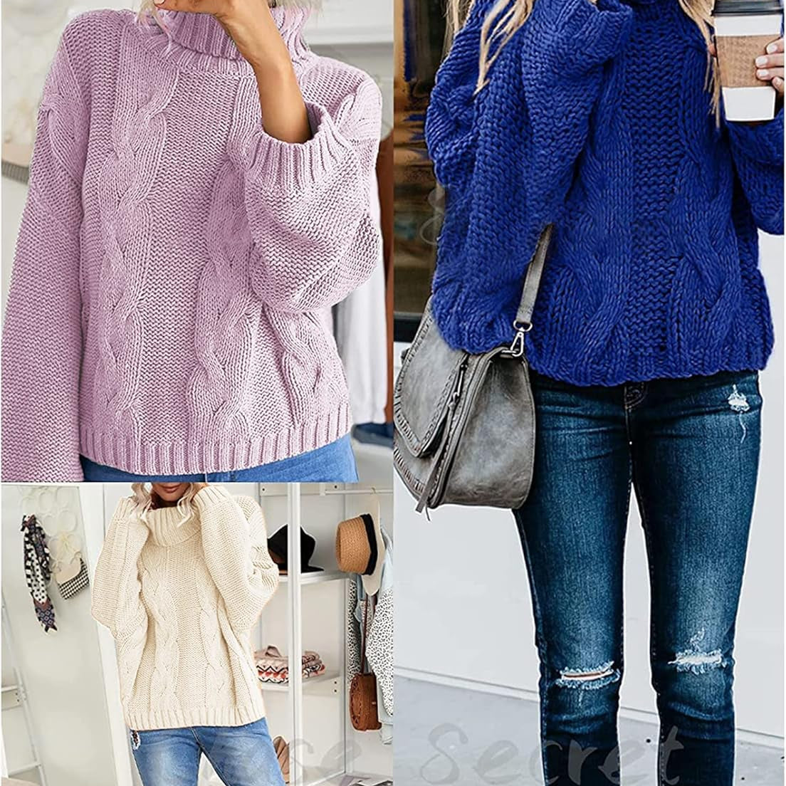 Chic Ballon Sleeve Winter Turtleneck Chunky Sweater Slouchy Oversized Loose Pullover Outerwear Warm Thick