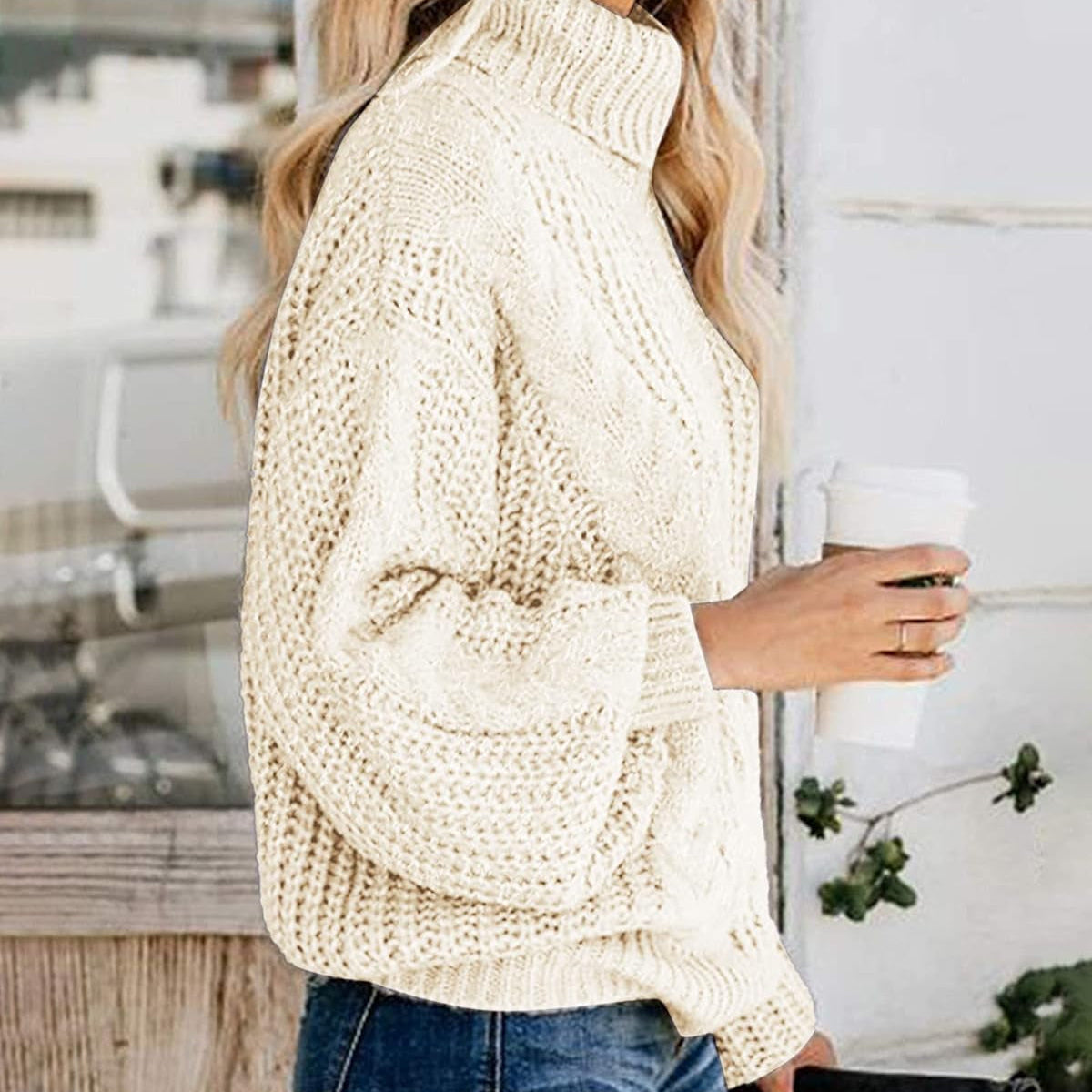 Chic Ballon Sleeve Winter Turtleneck Chunky Sweater Slouchy Oversized Loose Pullover Outerwear Warm Thick