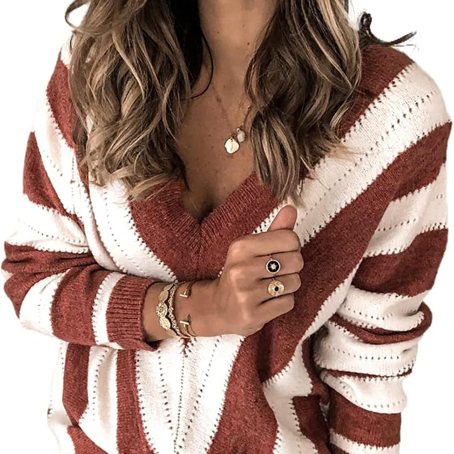 Sweaters for Women Sleeve Sexy Deep V Neck Casual Knit Striped Pullover Sweater