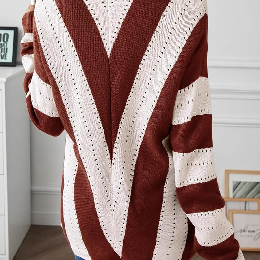 Sweaters for Women Sleeve Sexy Deep V Neck Casual Knit Striped Pullover Sweater