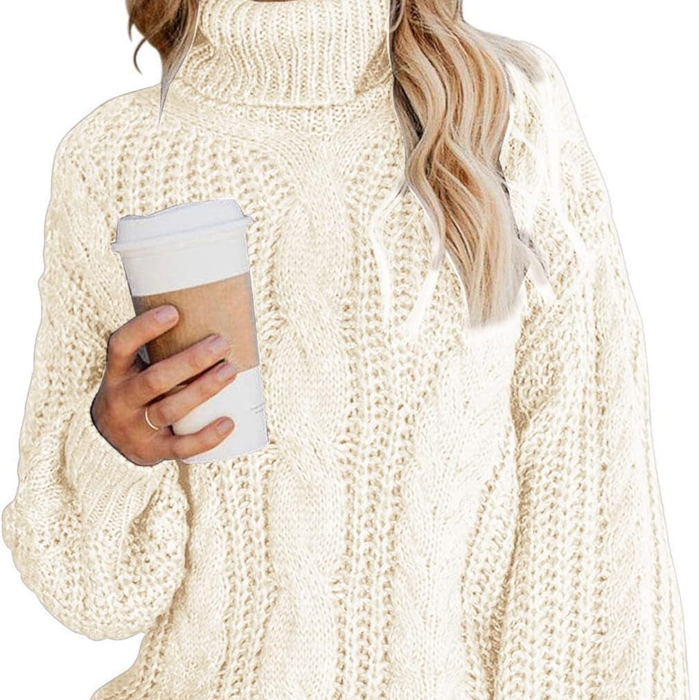 Chic Ballon Sleeve Winter Turtleneck Chunky Sweater Slouchy Oversized Loose Pullover Outerwear Warm Thick