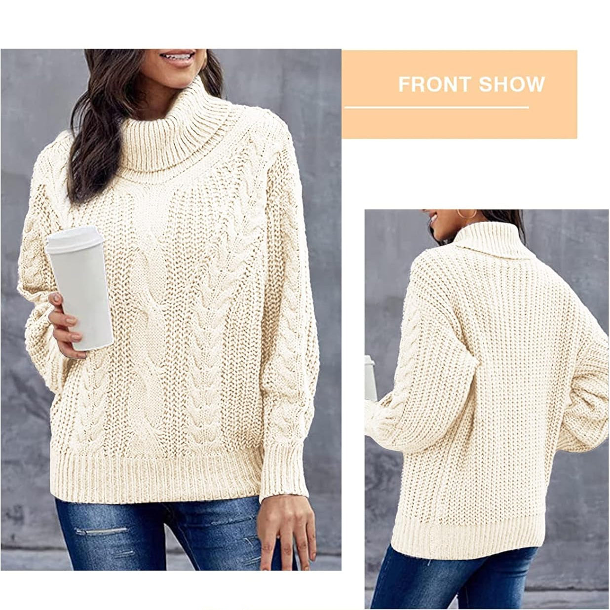 Chic Ballon Sleeve Winter Turtleneck Chunky Sweater Slouchy Oversized Loose Pullover Outerwear Warm Thick