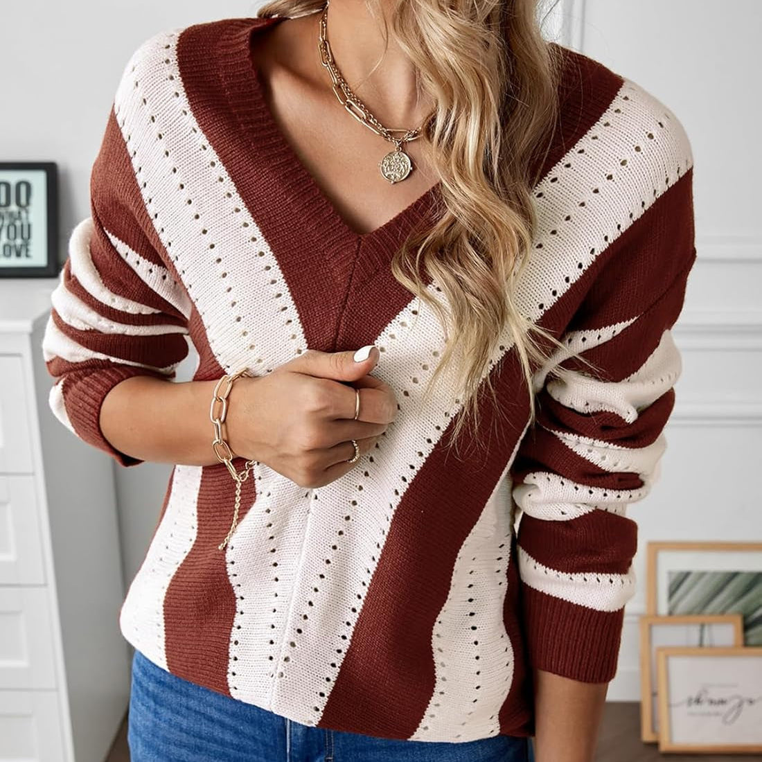 Sweaters for Women Sleeve Sexy Deep V Neck Casual Knit Striped Pullover Sweater