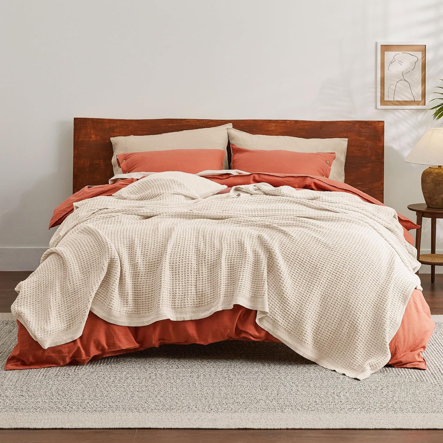 Gentlesoft 100% Cotton Blanket Queen Size for Bed - Breathable and Soft, Waffle Weave Blanket for Summer, Thick Cozy Fall Blankets for Women Gift, Yellowish Cream, 90X90 Inches