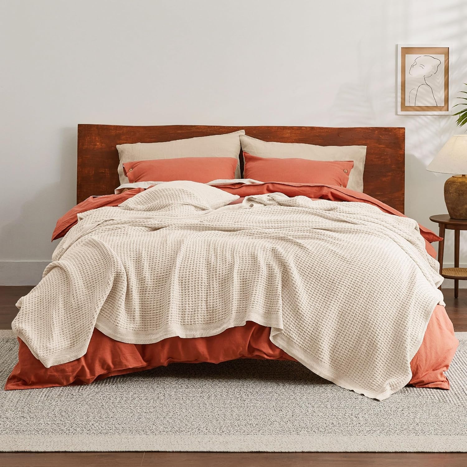 Gentlesoft 100% Cotton Blanket Queen Size for Bed - Breathable and Soft, Waffle Weave Blanket for Summer, Thick Cozy Fall Blankets for Women Gift, Yellowish Cream, 90X90 Inches