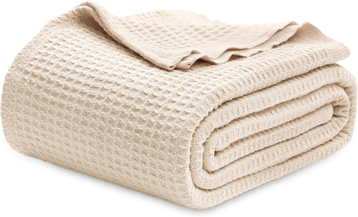 Gentlesoft 100% Cotton Blanket Queen Size for Bed - Breathable and Soft, Waffle Weave Blanket for Summer, Thick Cozy Fall Blankets for Women Gift, Yellowish Cream, 90X90 Inches