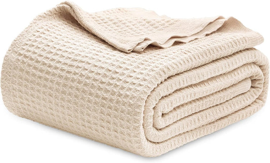 Gentlesoft 100% Cotton Blanket Queen Size for Bed - Breathable and Soft, Waffle Weave Blanket for Summer, Thick Cozy Fall Blankets for Women Gift, Yellowish Cream, 90X90 Inches