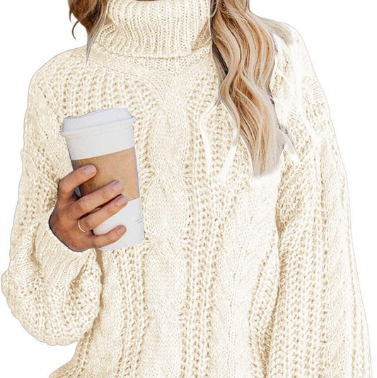 Chic Ballon Sleeve Winter Turtleneck Chunky Sweater Slouchy Oversized Loose Pullover Outerwear Warm Thick