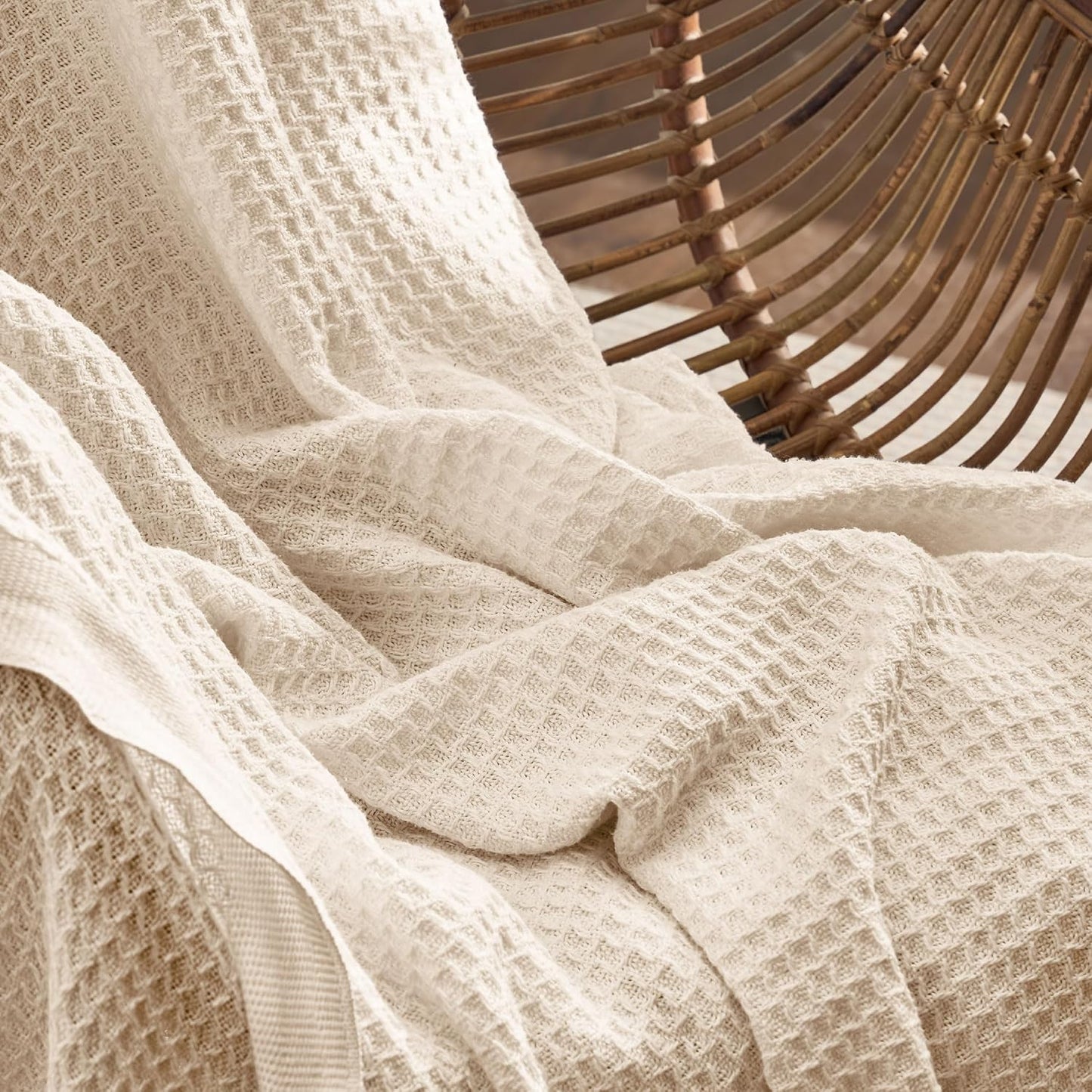 Gentlesoft 100% Cotton Blanket Queen Size for Bed - Breathable and Soft, Waffle Weave Blanket for Summer, Thick Cozy Fall Blankets for Women Gift, Yellowish Cream, 90X90 Inches