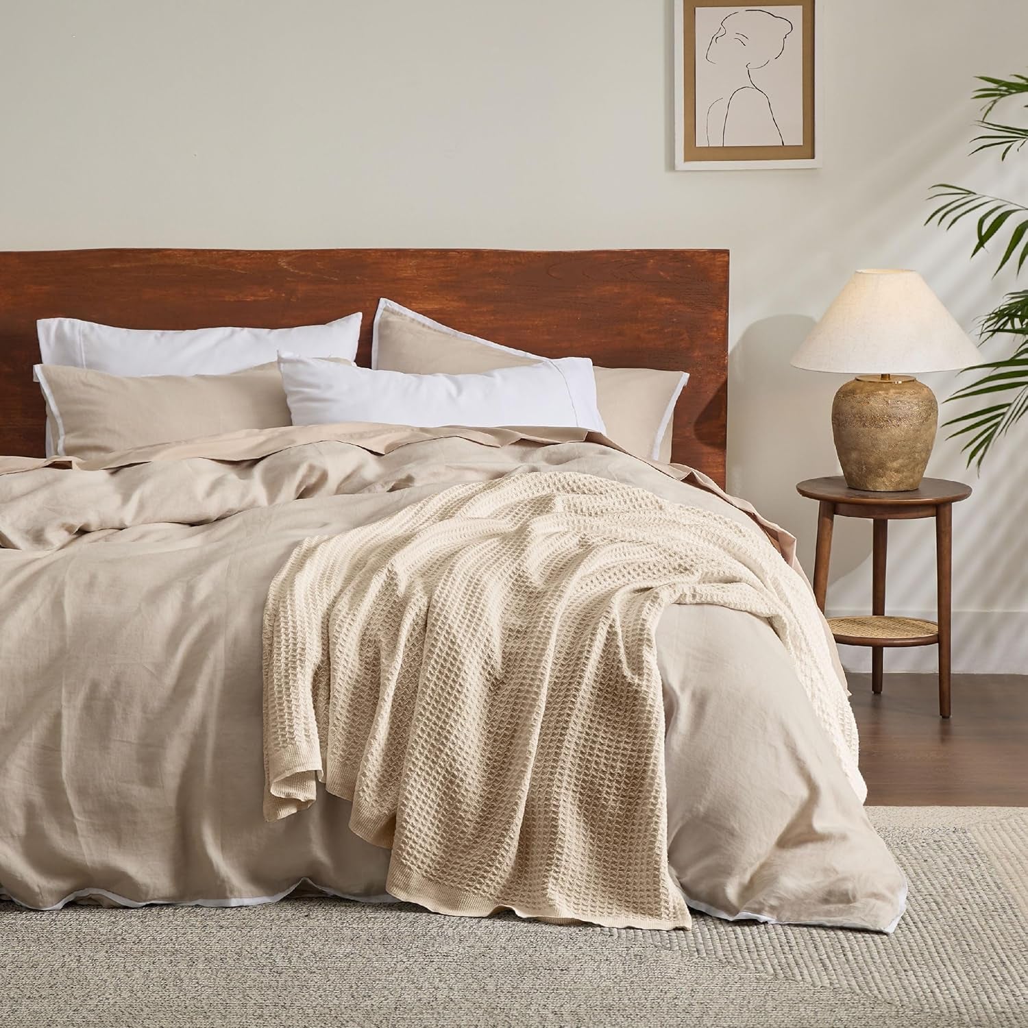 Gentlesoft 100% Cotton Blanket Queen Size for Bed - Breathable and Soft, Waffle Weave Blanket for Summer, Thick Cozy Fall Blankets for Women Gift, Yellowish Cream, 90X90 Inches
